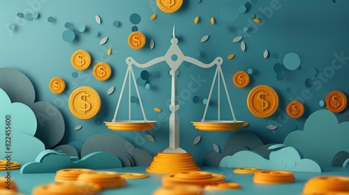 Wallpaper Mural A beautifully crafted paper-cut scene of scales amidst vibrant orange trees and lush green foliage, symbolizing the balance of nature and justice in a serene, harmonious setting. Torontodigital.ca