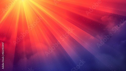 Orange flare rays of light burst through a bright blue sky background