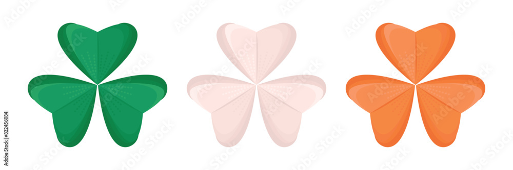 Three colorful irish clovers; leaves in green, white and orange colors like a flag of Ireland; the symbol of St. Patrick's Day, vector color illustration Three colorful irish clovers; leaves in green, white and orange colors like a flag of Ireland; the symbol of St. Patrick's Day, vector color illustration