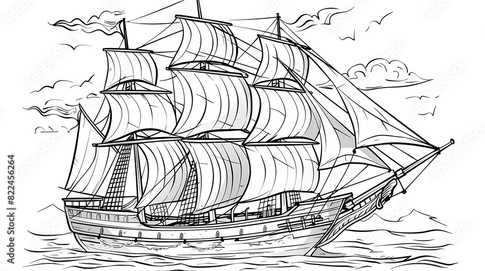 Naklejka premium ship, transportation, drawing, boat, graphic, outline, vessel, vignetting, illustration, ocean, vector, water, sea, marin, military, nautical, pirate, transport, war, cruise, sailboat, isolated, vinta