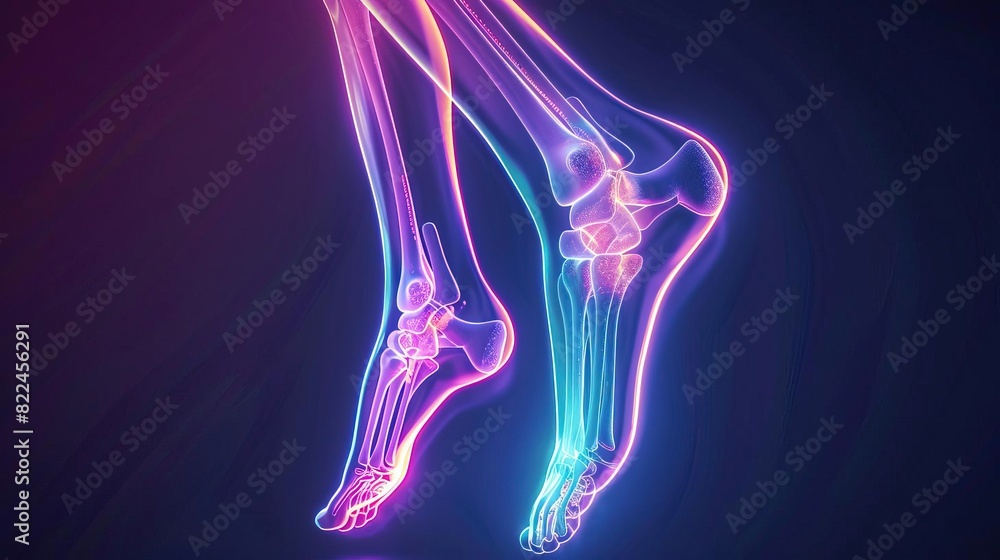 A detailed 3D medical illustration of a human leg and foot in Xray, featuring neon highlights, designed to aid in the analysis of bone and joint health A detailed 3D medical illustration of a human leg and foot in Xray, featuring neon highlights, designed to aid in the analysis of bone and joint health