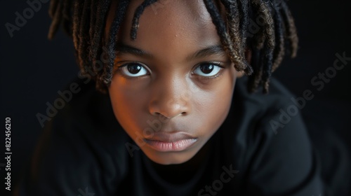 Portrait of a young boy with short dreadlocks against a dark background, showcasing his serious expression and captivating eyes.