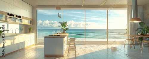 Beach house kitchen with sea view windows, bright light, side angle, relaxed and scenic style