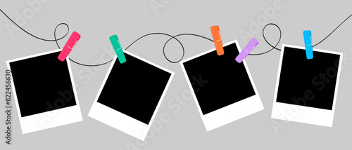 Photo Frames on a Rope,  Polaroid, Collage, Pictures on Clothespins, Template, Vector Illustration