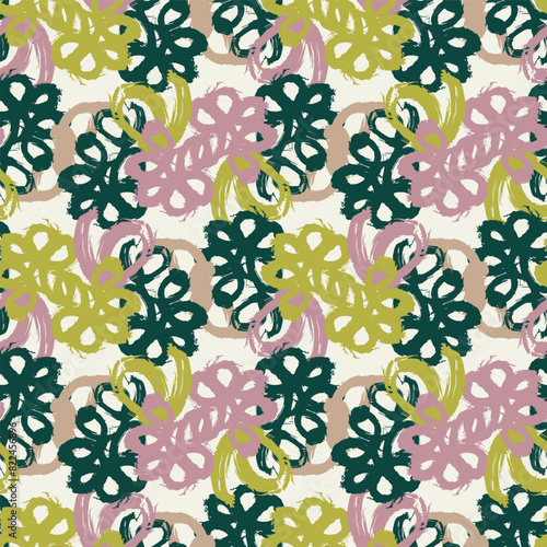 Summer meadow botanical hand drawn vector pattern. Retro fashion garden backdrop for decorative green pink floral seamless swatch. 