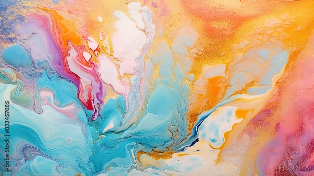 Abstract background with rainbow acrylic paint swirling and colors splashing. Artwork painting with wet watercolor dye pouring with flow effect. Header illustration for banner design. Generative AI.