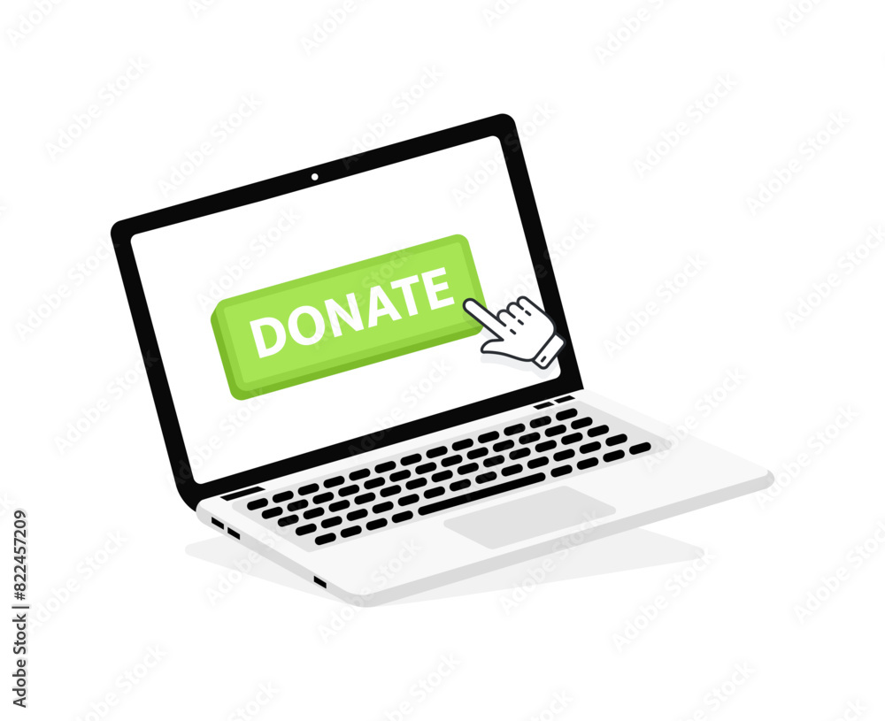 Donate text on Laptop screen with a red button . Button with pointer clicking. Finger Pressing Donate text on Laptop screen with a red button . Button with pointer clicking. Finger Pressing