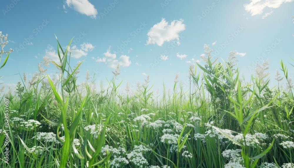 Summer field with tall grasses with flower. Open field with wild flower and butterfly. Sunny day wide blue sky Summer field with tall grasses with flower. Open field with wild flower and butterfly. Sunny day wide blue sky