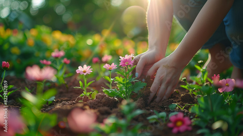 Planting flowers in the garden with love and care