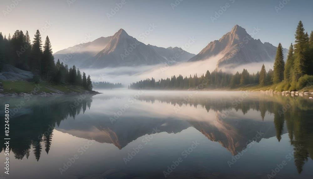 A Serene Realistic Mountain Lake At Dawn With Mi