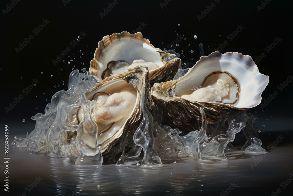 Artistic depiction of open pearl oysters with shimmering pearls surrounded by swirling water Artistic depiction of open pearl oysters with shimmering pearls surrounded by swirling water
