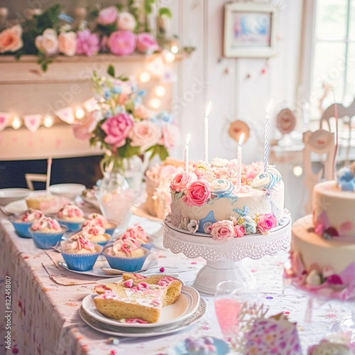 Wallpaper Mural Birthday tablescape or candy bar with sweets, Birthday cake and cupcakes, beautiful party and celebration Torontodigital.ca