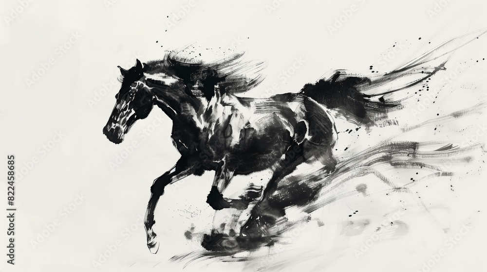 Dynamic Ink Painting Of Galloping Black Horse On White Background Dynamic Ink Painting Of Galloping Black Horse On White Background