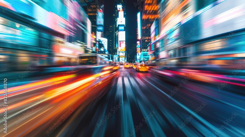 Abstract blurred motion of cars on the road in the city at night with skyscrapers, new york street background. Concept business travel and vacation activity for design banner template.