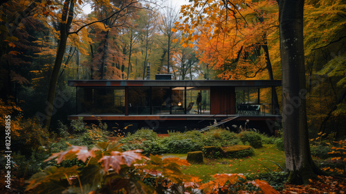 Modern House in Autumn Forest with Big Windows