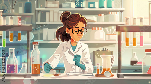 Young Female Scientist Working in Laboratory with Test Tubes and Beakers