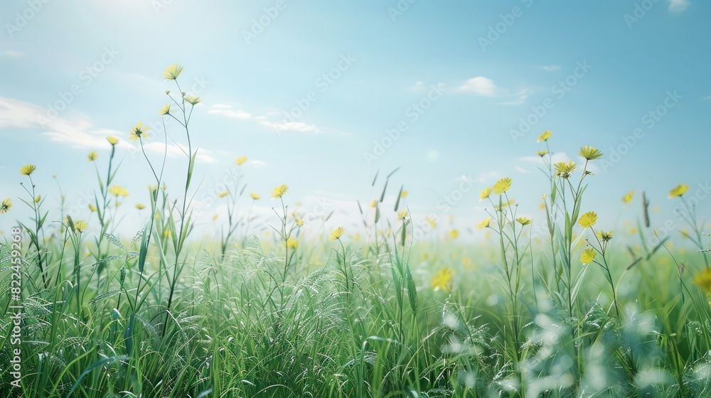 Summer field with tall grasses with flower. Open field with wild flower and butterfly. Sunny day wide blue sky