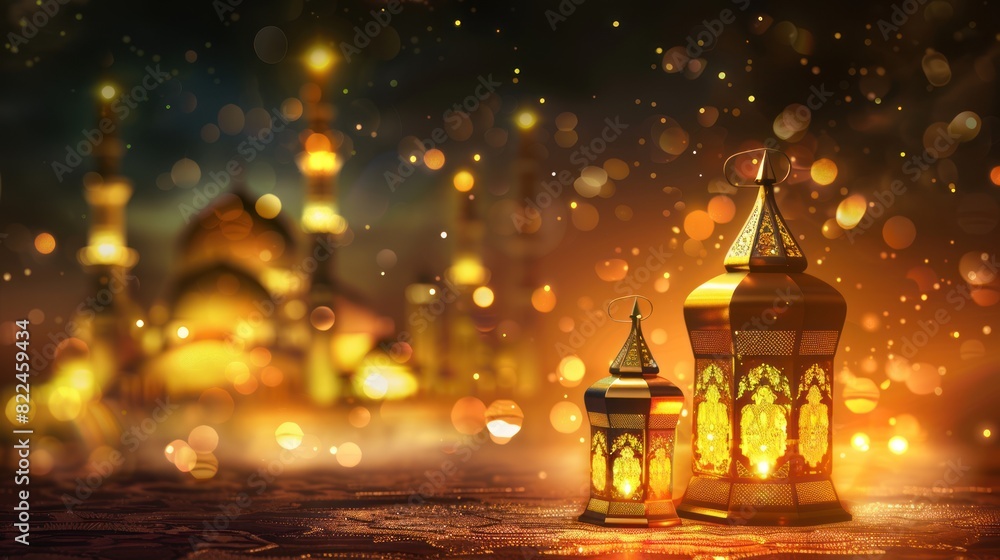 Obraz premium Yellow Arabic lantern, islamic background, Ramadan kareem