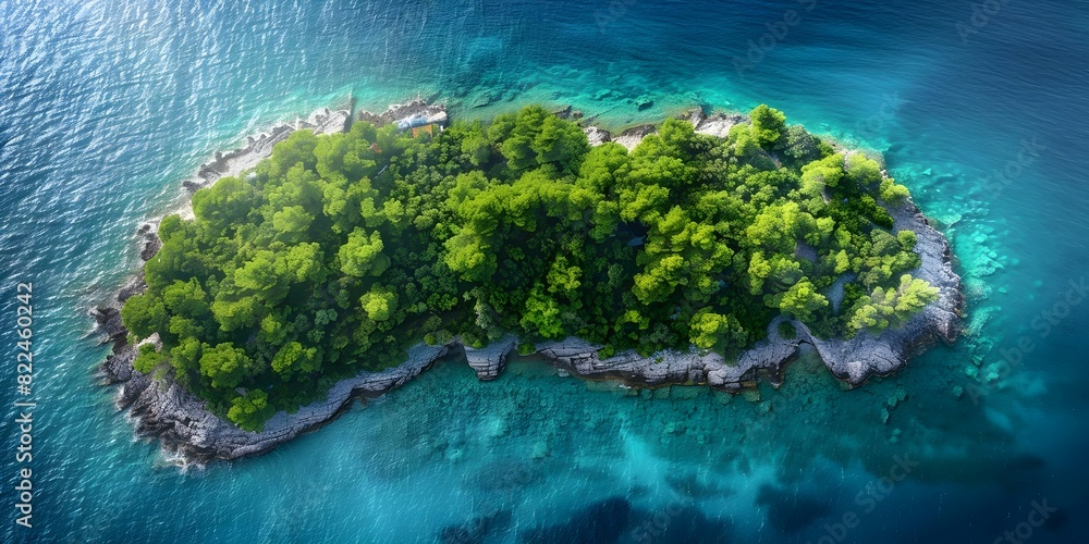 Aerial Perspective of a Verdant Croatian Island in the Adriatic Sea. Concept Nature Photography, Travel Destinations, Aerial Views, Coastal Beauty, Croatian Islands