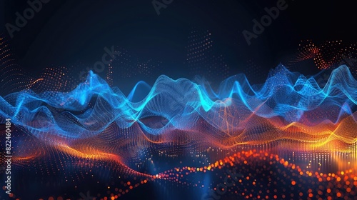 Abstract digital background with blue and orange gradient of low poly mesh lines, night city skyline, 