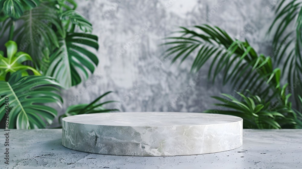Stone podium with green leaves Stone podium with green leaves