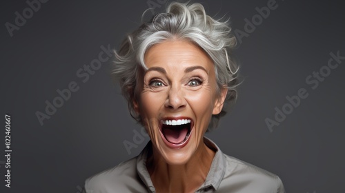 A close-up portrait of a mid-aged businesswoman radiating an infectious enthusiasm, her eyes twinkling with excitement and a contagious smile. © venusvi