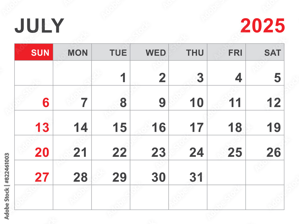 Calendar 2025 template, July 2025 layout, Printable minimalist monthly planner, Desk Calendar 2025 template, Wall calendar design, Week Start On Sunday, Stationery, printing, red color, vector Calendar 2025 template, July 2025 layout, Printable minimalist monthly planner, Desk Calendar 2025 template, Wall calendar design, Week Start On Sunday, Stationery, printing, red color, vector