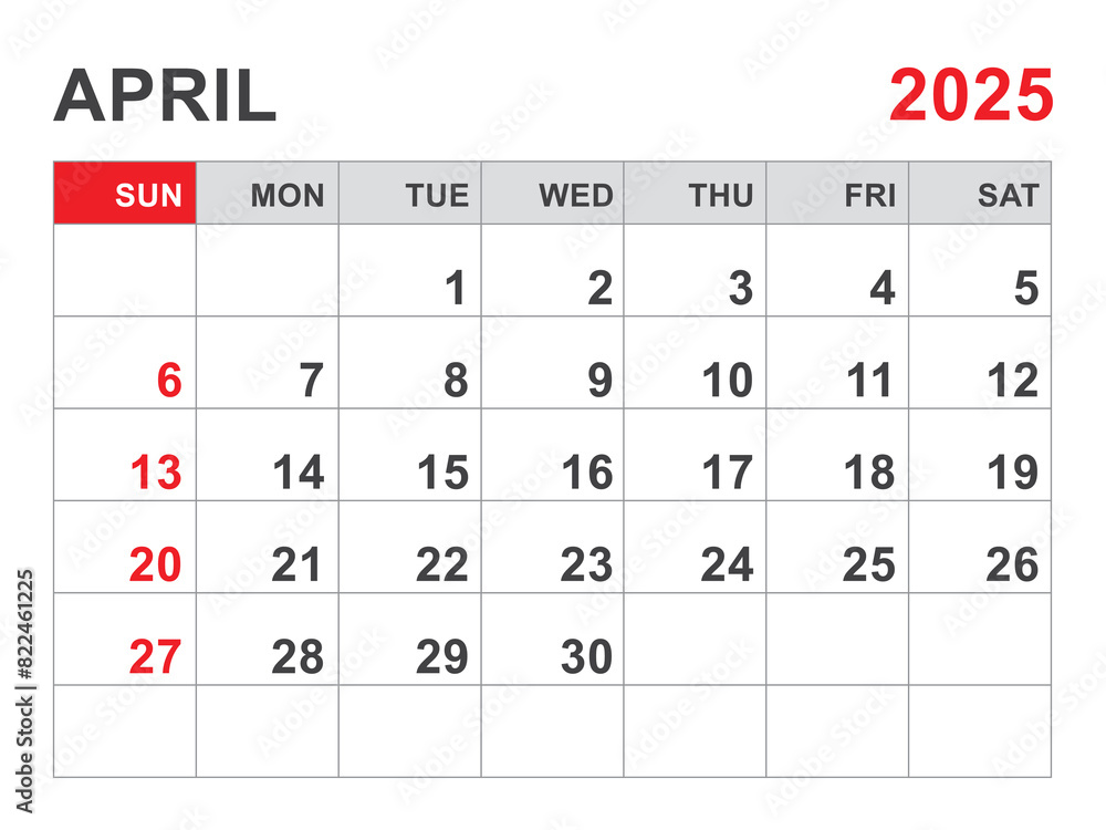 Calendar 2025 template, April 2025 layout, Printable minimalist monthly planner, Desk Calendar 2025 template, Wall calendar design, Week Start On Sunday, Stationery, printing, red color, vector Calendar 2025 template, April 2025 layout, Printable minimalist monthly planner, Desk Calendar 2025 template, Wall calendar design, Week Start On Sunday, Stationery, printing, red color, vector