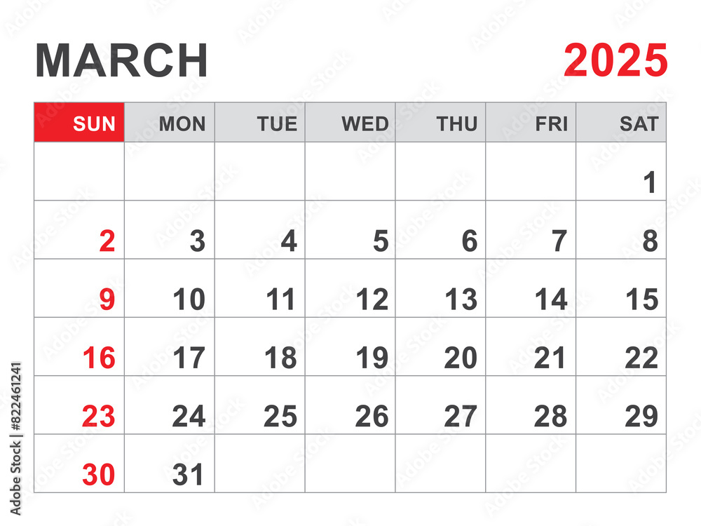 Calendar 2025 template, March 2025 layout, Printable minimalist monthly planner, Desk Calendar 2025 template, Wall calendar design, Week Start On Sunday, Stationery, printing, red color, vector Calendar 2025 template, March 2025 layout, Printable minimalist monthly planner, Desk Calendar 2025 template, Wall calendar design, Week Start On Sunday, Stationery, printing, red color, vector