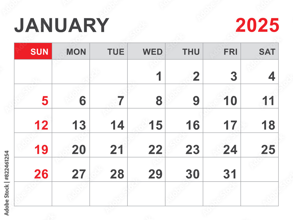 Calendar 2025 template, January 2025 layout, Printable minimalist monthly planner, Desk Calendar 2025 template, Wall calendar design, Week Start On Sunday, Stationery, printing, red color, vector Calendar 2025 template, January 2025 layout, Printable minimalist monthly planner, Desk Calendar 2025 template, Wall calendar design, Week Start On Sunday, Stationery, printing, red color, vector