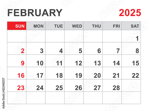 Calendar 2025 template, February 2025 layout, Printable minimalist monthly planner, Desk Calendar 2025 template, Wall calendar design, Week Start On Sunday, Stationery, printing, red color, vector