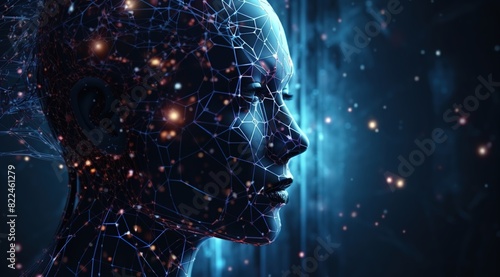 Abstract mash line and point human Brain. Low poly Neural network. IQ testing, artificial intelligence virtual emulation science technology concept.