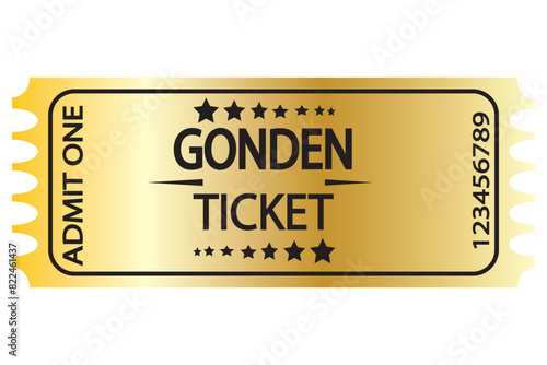 Three-dimensional golden ticket with stars and the inscription "Admit one". Vector illustration design eps 10