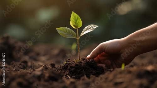 A close-up photo of a child's hand planting a tree seedling, with a thriving forest in the background.