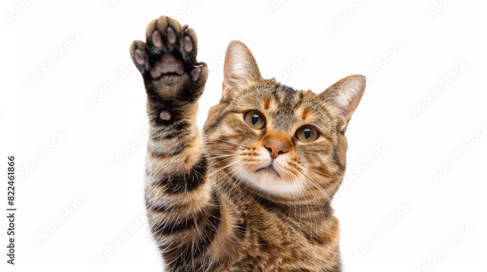 Adorable Cat Raising Paw on White Background. Generative AI Adorable Cat Raising Paw on White Background. Generative AI