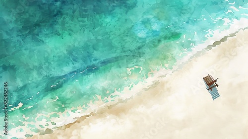 Aerial view of a calm beach with turquoise waters, a lone beach chair facing the ocean, soft white sand, digital watercolor, evoking a sense of tranquil reflection and peace