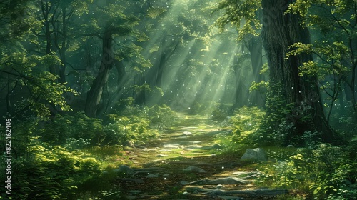 Enchanted forest path with heartshaped leaves  dappled light  eyelevel view  fairy tale drawing