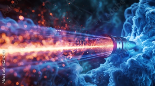 An illustration of a particle beam shooting through a cloud of gas depicting a common experiment in particle physics.
