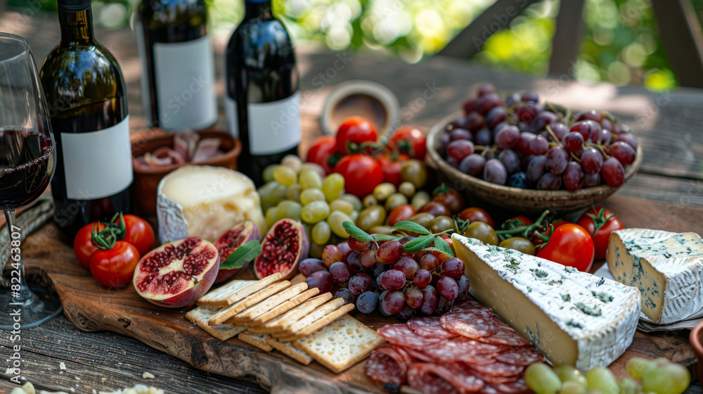 luxurious picnic spread, chic outdoor picnic featuring a charcuterie platter with cheeses, fruits, and wine, perfect for alfresco dining and relaxation