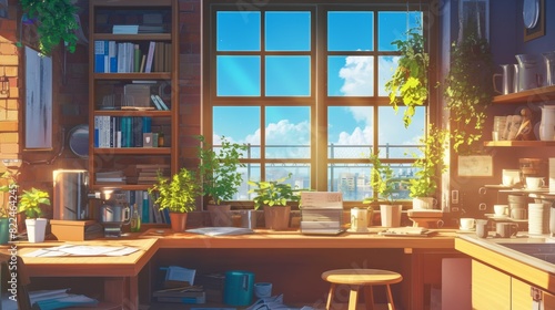 Cozy Workspace with Plants and Books Overlooking a Bright Cityscape - Ideal for Home Office Design, Relaxation, and Inspiration