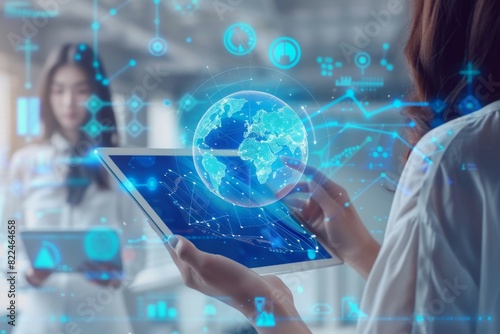 A woman holding an iPad with her hand, on the screen is a blue holographic globe and graphs representing global data technology Generative AI