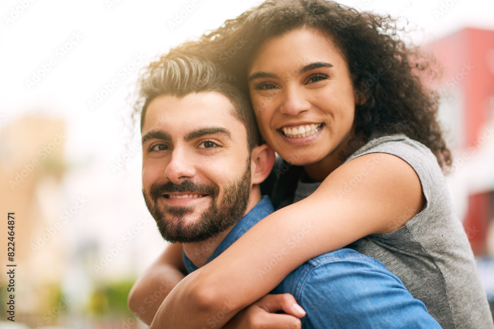 Portrait, happy and couple with hug in outdoor for love, bonding and peace on date together, adventure and vacation in city. Smile, woman and man with embrace, care or relax in summer for romance Portrait, happy and couple with hug in outdoor for love, bonding and peace on date together, adventure and vacation in city. Smile, woman and man with embrace, care or relax in summer for romance