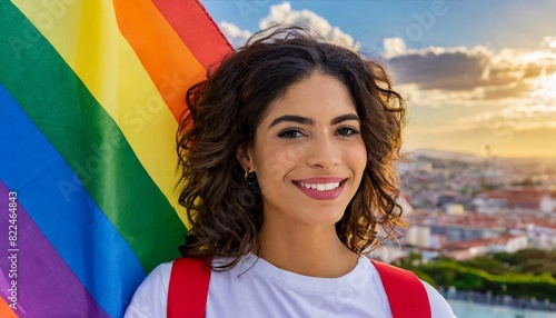 attractive beautiful woman smiling against the background of the lgbt flag, queer pride month, fight for rights, against discrimination