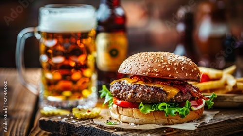 Enormous Gourmet Burger with Fresh Beer on a Rustic Board in a Cozy Diner