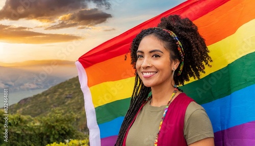 attractive beautiful woman smiling against the background of the lgbt flag, queer pride month, fight for rights, against discrimination