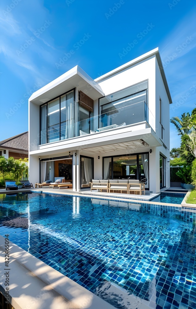 modern two-story villa with a swimming pool, white walls and glass windows, balcony terrace overlooking the garden