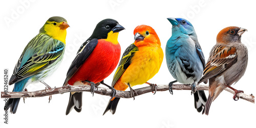 Image of group of painted bunting birds on a branch on a white background. Birds. Animals Bright exotic birds of different colors on a white background isolated.  © Fatima