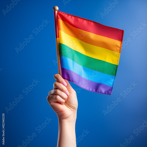 Female hand holding rainbow flag on blue background as symbol for pride month lgbtq.