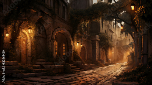 A mystical old street illuminated by lanterns at dusk  with ivy-draped buildings creating an enchanting atmosphere.