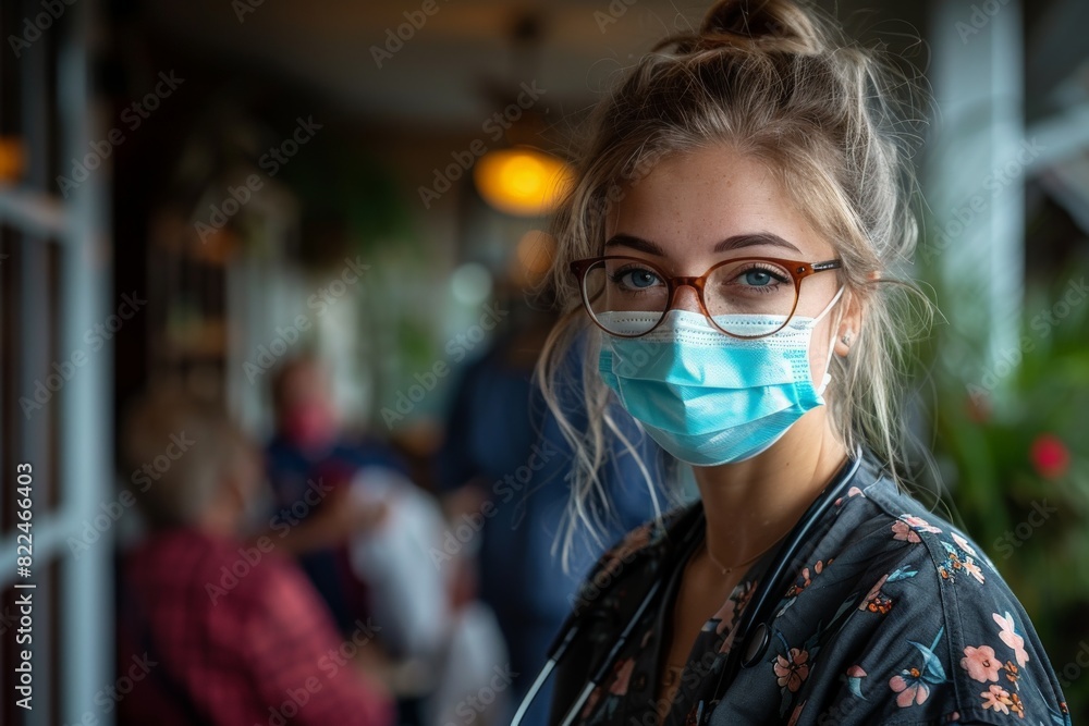 A young woman wearing a protective face mask, representing healthcare protocols during a pandemic A young woman wearing a protective face mask, representing healthcare protocols during a pandemic